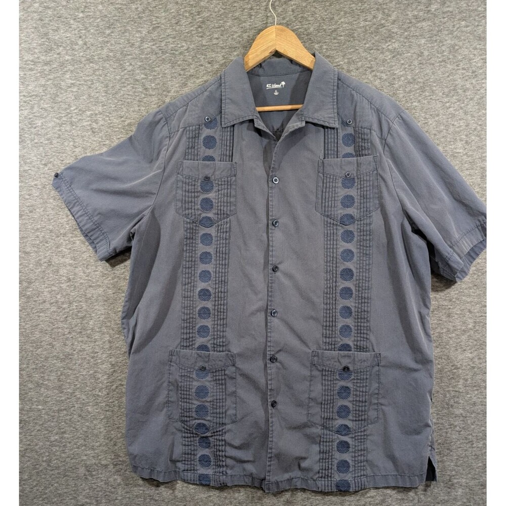 KS Island Men's Button Up Shirt Short Sleeve Embroidered 4 Pocket Detail Size XL